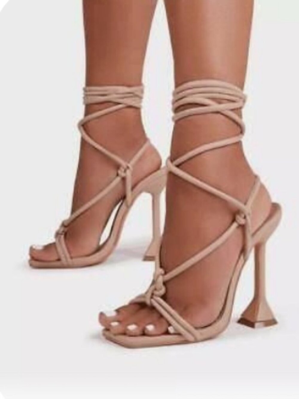 Shoe Land Nude Strappy Lace Up Heels Square Open Toe Sandals Size 10